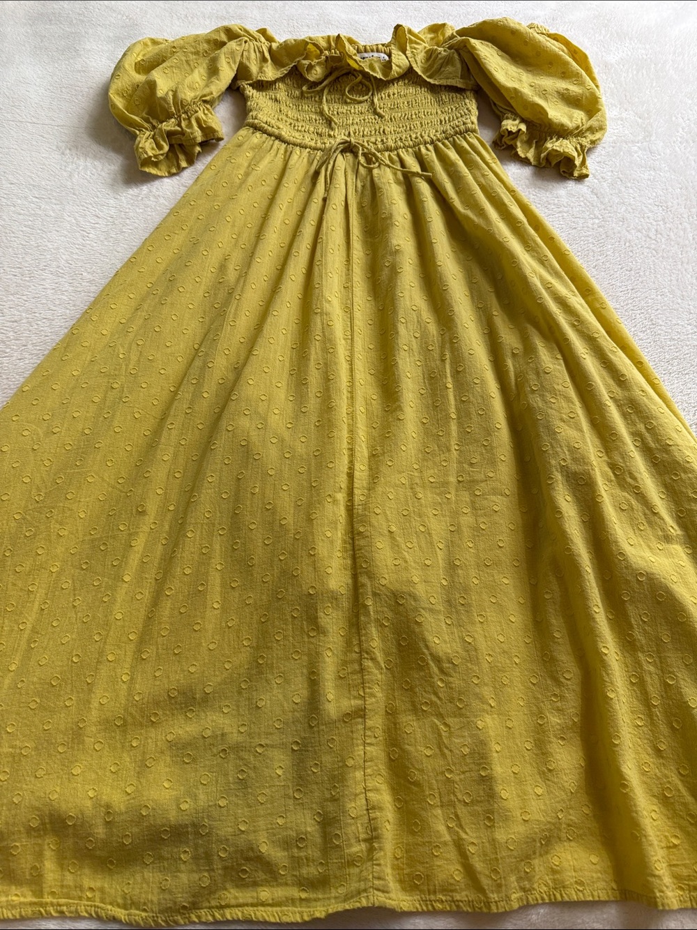 R. Yiposha Yellow Chartreuse Swiss Dot Smocked Puff Sleeve Off Shoulder Dress - Picture 12 of 13